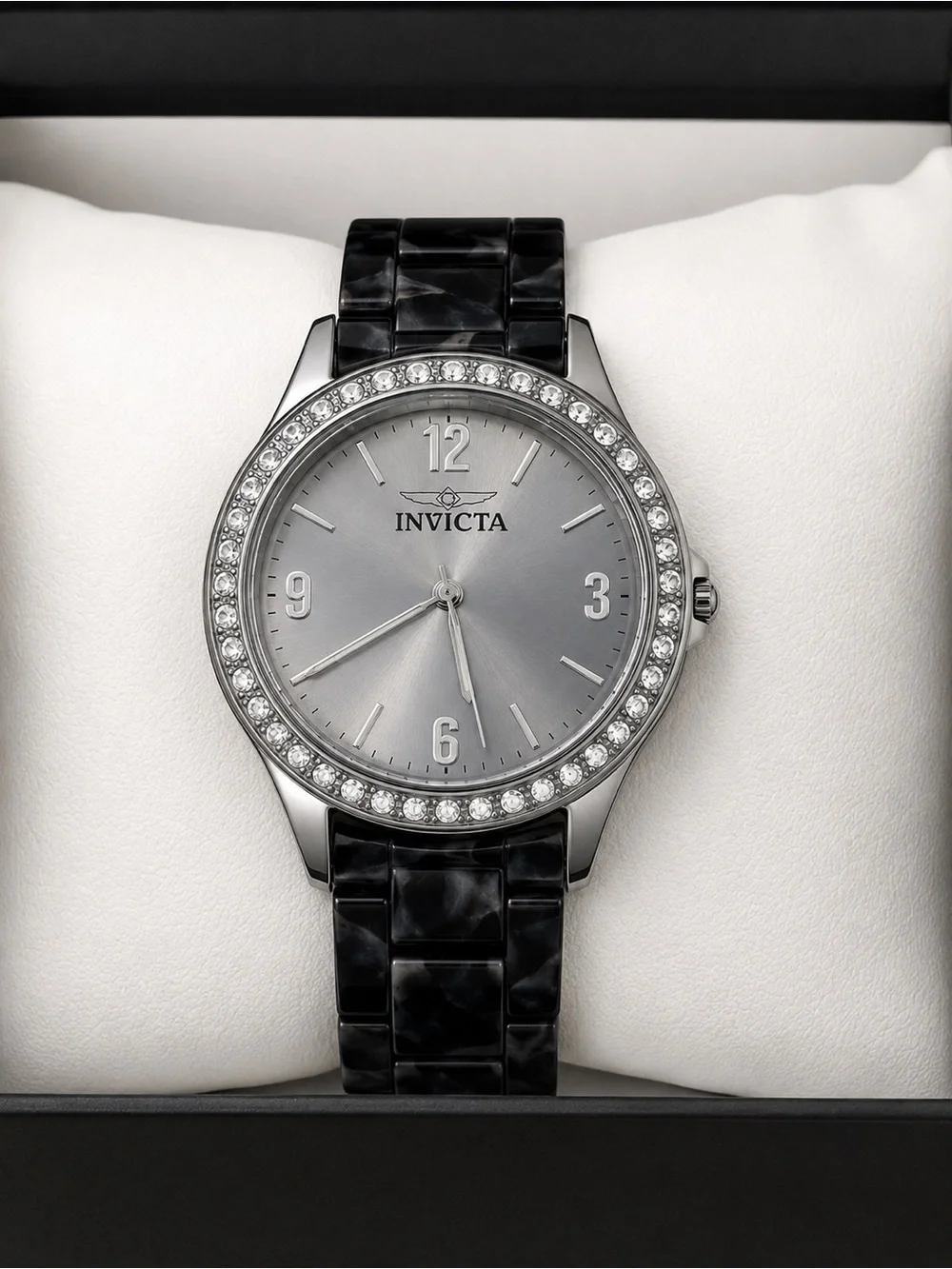 Invicta Women's Silver Dial Crystal Bezel Watch Black Marbled Strap Model 70455